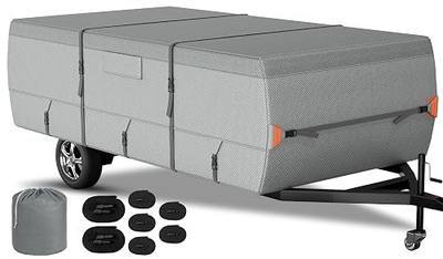 Pop Up Camper Cover 8'-10', 7 Layers Waterproof Folding Camping Trailer Cover for Snow Upgraded Tearproof RV Cover with 5+2 Windproof Strapsand Storage Bag
