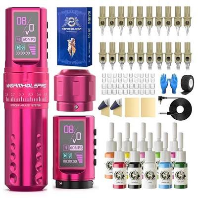 WORMHOLE PRO 80PCS Tattoo Gun Kit with 7 Adjustable Strokes, 1,800 mAh Capacity Replacement Power Supply, Digital LED Display, 20Pcs Tattoo Needles for Artists VIRGO - Pink WTK298