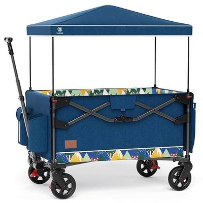 EVER ADVANCED Foldable into Bag Travel Wagon Stroller for 2 Kids & Cargo, Collapsible Toddler Wagon with Removable Canopy, Adjustable 5-Point Harness, Lightweight Carry-on Stroller for Airplane
