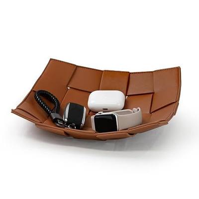 Valet Tray PU Leather Key Holder Bowl for Men and Women Entryway Table Nightstand Catchall Storage Organizer EDC Dump Tray for Wallet, Keys, Coins Men's Gift - Brown, 9.8" L x 9.8" W x 2" H