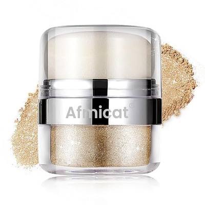 Body Shimmer Powder, Body Glitter Powder with Sponge Head, Eyes, Hair, Face Glitter for Women & Girls, 3D Contour & Long Lasting Luminous, Shimmer Makeup Perfect for Daily, Party (Champagne Gold)
