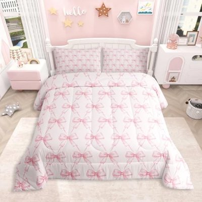 Feelyou Bow Comforter Set Twin Size Pink Girls Bow Bedding Set Boys Girls Cute Bowknot Comforter for Kids Women Men Kawaii Duvet Bow and Stripes Quilt 2Pcs