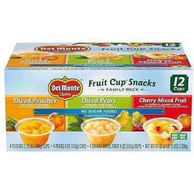 Del Monte Fruit Cup Snacks Variety Pack with No Added Sugar, 4 oz Cups (12 Pack) Diced Peaches, Diced Pears, Cherry Mixed Fruit