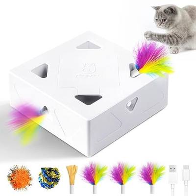 Interactive Cat Toys -Migibox for Indoor Bored Cats, Automatic Pop Out Feathers from 7 Holes Randomly, Motion Activated, USB Rechargeable (Purple Skin)