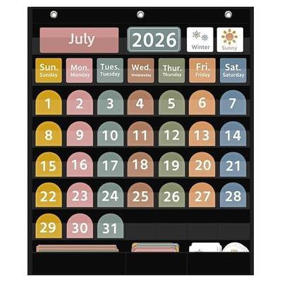 REGELETO Large Boho Calendar Pocket Chart with 96 Cards for Classroom, Size:32.25 x 24.125 inch Black Monthly Calendar and Weather Pocket Chart for Student Learning for Home or School.