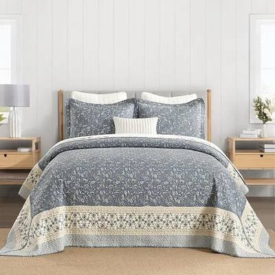 100% Cotton Oversized Quilt 120"x102", Extra Large Queen Bedspread, Farmhouse Botanical Bed Spreads Coverlet, Lightweight Quilted Bedding Cover, 3 Piece, Grayish Blue/Beige