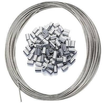 1/16" Stainless Steel Wire Rope, 100FT with 50 Crimping Sleeves, 7x7 368lbs Breaking Strength, Silver, JZ-1