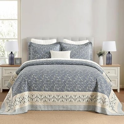 DDUOXIN Oversized King Bedspread 120x120-100% Cotton Reversible Quilt | Farmhouse Botanical Design, Lightweight All Seasons Bedding Coverlet, for Master Bedroom Tall King Bed, Grayish-Blue/Beige