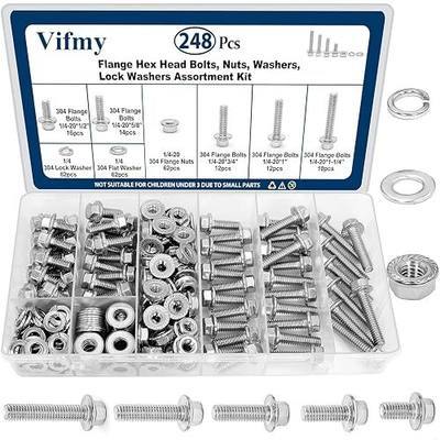 1/4-20 Bolt x (Length 3/4", 1", 1-1/4") 304 Stainless Steel Flange Head Bolts Assortment Kit (248 Pack) with 1/4 20 Bolt, Serrated Flange Nuts, Washers, Full Thread