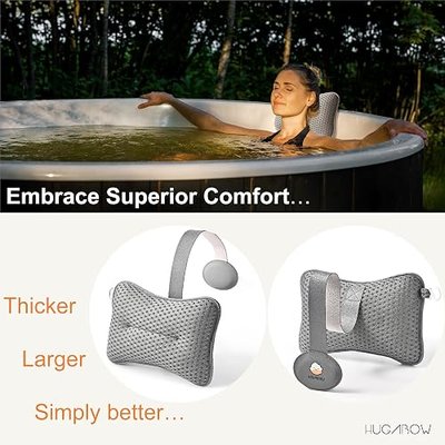 2-Pack Large Pillow for Hot Tub (Grey), Spa, and Chaise Lounge - Universal Headrest & Neck Support Cushion, Adjustable Height with Long Strap, Easy Drying with Hook