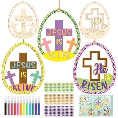 BeYumi Easter Wooden Ornament Craft - 20Pcs Jesus is Risen DIY Wooden Eggs Ornaments Craft Kit for Kids Make Your Own Christian Religious Easter Egg Set with Gem Sticker Party Decoration Supplies