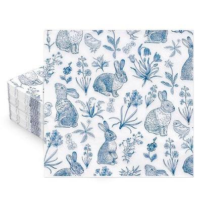 Whaline 50 Pcs Blue White Easter Paper Napkins Retro Bunny Rabbit Flower Disposable Napkin Chinoiserie Luncheon Dinner Napkins for Spring Wedding Birthday Party Table Supplies