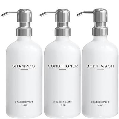 White Shampoo and Conditioner Dispenser Set by Brighter Barns - Shower Dispenser for Bathroom - Refillable Plastic Shampoo Bottle & Stainless Steel Pump - Shampoo Dispenser for Vacation Rental (White)