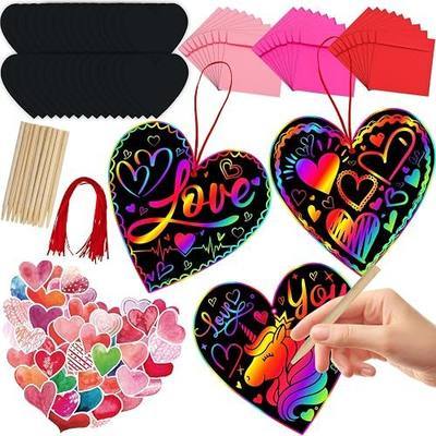 JMUQ 44Pack Valentine's Day Scratch Art Set, Heart-Shaped Rainbow Scratch Cards, Envelopes, Heart Stickers, Perfect Craft Kit for Classroom School Exchange Prizes Party Favors Creative Gifts