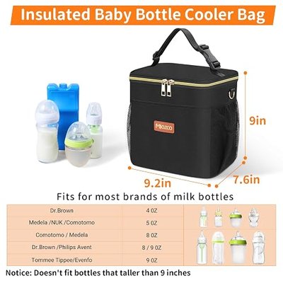 Breastmilk Cooler Bag with Ice Pack - Insulated Baby Bottle Cooler Bag Fits 6 Bottles Up to 11 Oz Milk Bottle Cooler Travel Bag Breastmilk Storage Bag Cooler Perfect for Nursing Mom Daycare, Black