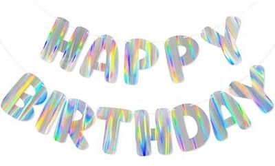 Iridescent Happy Birthday Banner, Pre-Strung Holographic Birthday Decorations Vibrant Party Sign with Aurora, Rainbow Effects