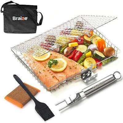 Stainless Steel Large Grill Basket with Removable Handle – 12.25 x 9.5 x 1.5 Inch BBQ Vegetable Basket with Easy Open Lid, Silicone Basting Brush & Scrub Sponge – Outdoor Cooking & Camping Accessory