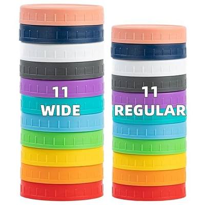 Bedgeta 22 Pack Plastic Mason Jar Lids, 11 Wide Mouth & 11 Regular Mouth with Silicone Rings,Thickened Leak-proof Lids Fit Ball,Kerr and More, 86mm & 70mm(Multicolored)