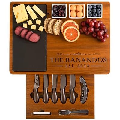 Personalized Acacia Wood Charcuterie Board Set with Stainless Steel Knives – Custom Cheese Board for Wedding, Anniversary, New Mom, Engagement, Housewarming, Bridal Shower, Women, Mother’s Day Gifts