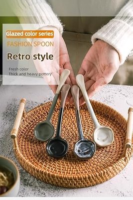 4-Pack - Ceramic Vintage Afternoon Tea, Coffee Whisk, Handmade Spoon, Long-Handle Coffee Scoop, tea scoop for loose tea, Size 5.9 * 1.5in(15 * 4cm)