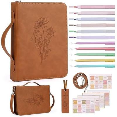 19PCS Floral Brown Leather Bible Cover for Women Bible Cover Cases for Teen Girls Christmas Gift Christian Carrying Bag Journaling Kit with Shoulder Strap Highlighter Pens & Book Marker Study Supplies