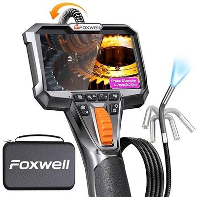 FOXWELL Y400 Two-Way Articulating Borescope with Light, 0.24in Ultra-Slim Probe, 220° Articulation, IPS HD Screen, Industrial Endoscope Inspection Camera for Automotive Engine, HVAC & Plumbing – 5.3FT