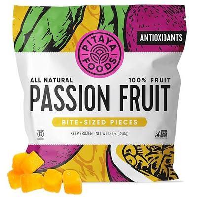 Pitaya Foods - Frozen Organic Passion Fruit Bite-Sized Pieces, Pre-Packaged Frozen Fruit, No Added Sugar or Preservatives, Good Source of Fiber, Iron, & Vitamin C, 100% Fruit, Non-GMO (12 oz Bag)