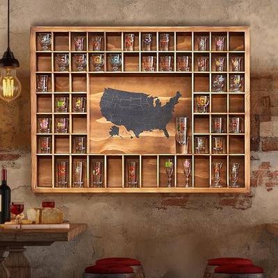 Large Shot Glass Display Case with US Map,60 Slots, 34 X 26 Inch Rustic Wood Shot Glass Display Cabinet for 2 Size -In Rooms Bars Wine Cellars with Shot Glasses Jewelry Shell & Keepsakes