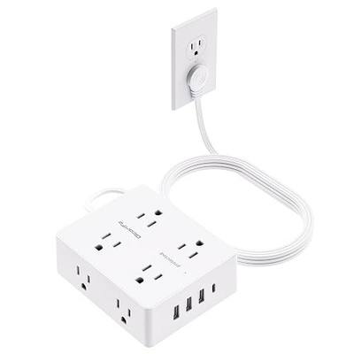 Olcorife Flat Plug Power Strip with 10 FT Extension Cord, 8 Outlets 4 USB Ports(1 USB C), 3 Sided Outlet Extender for Home Office Travel Dorm Room Essentials, White