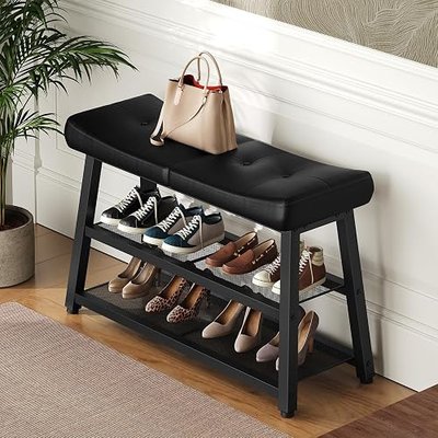 YATINEY Shoe Bench, 3-Tier Shoe Rack, Entryway Bench with Storage and Cushion, for Hallway, Foyer, Bedroom, Black HX02BB