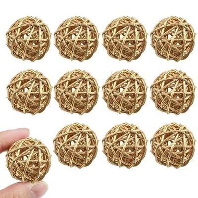 12PCS 1.2 Inch Gold Wicker Rattan Balls Fade Resistant Decorative Orbs for Home Decor Wedding Centerpiece Bowls Vase Fillers Decorative Spheres for Bowls Table Decor (30mm)
