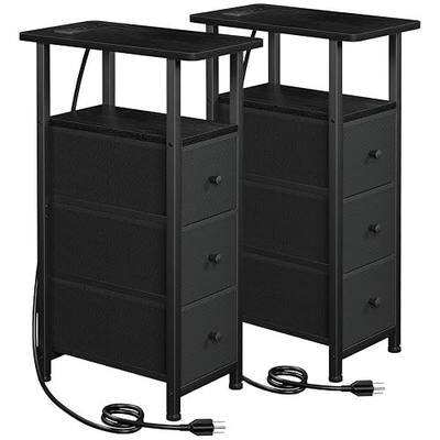 LOAKEKEL Narrow End Tables Living Room Set of 2 with Charging Station, Skinny Side Table with Fabric Drawers, Slim Nightstand for Bedroom, Small Spaces, Couch, Black, HETNDP03BK