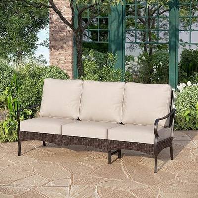 PHI VILLA Rattan Outdoor Sectional Sofa Set, Durable Steel Frame, 3 Seats | Deep Seating Patio Furniture Sofa Couch for Garden Balcony, Beige Cushion