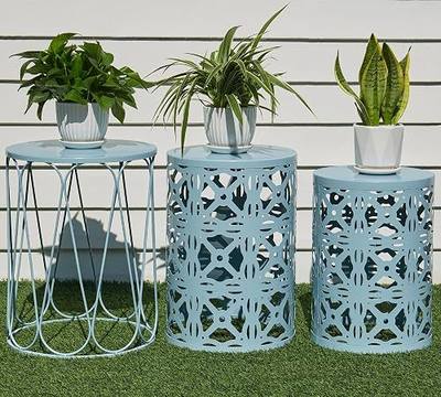 HFHOME Set of 3 Metal Outdoor Side Table, Nesting Round Coffee Table for Indoor Outdoor, Heavy Duty End Tables Plant Stand Living Room Garden Stool - Blue