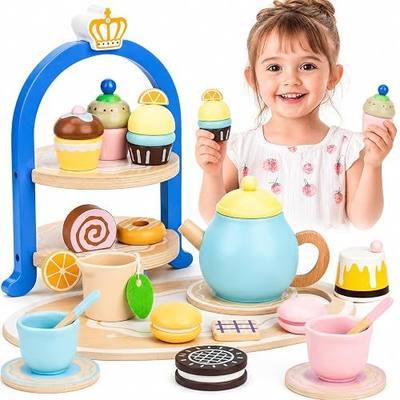 Wooden Tea Sets for Toddlers 3+, Princess Tea Party Set for Little Girls with Cupcake Stand and Food Accessories, Pretend Play Educational Toys for 3+ Years Old Girl and Boy Birthday Gift