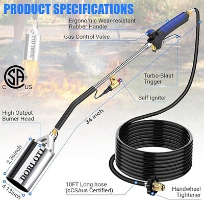 Propane Torch Weed Burner, 34" Blow Torch with Storage Bag, High Output Flame Torch with 10FT Hose, Heavy Duty Flame Weeder with Igniter for Garden, BBQ