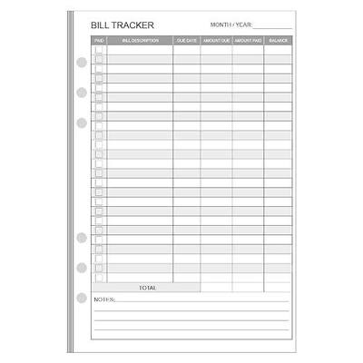Bill Payment Tracker Refills - 100 Sheets/200 Pages, Bill Pay Checklist Refills for Filofax Planner, Organizer, Binders, 6 Hole Punched, 100 gsm, White Paper, Monthly Budget Forms, 5.5" x 8.5"
