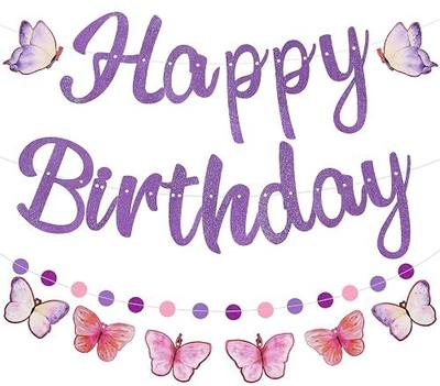 Pre-Strung Happy Birthday Banner, NO DIY Party Decorations (Purple) | Birthday Party Supplies with Circle Dots Garland & Butterflies, Elegant Design Perfect for Women & Girls