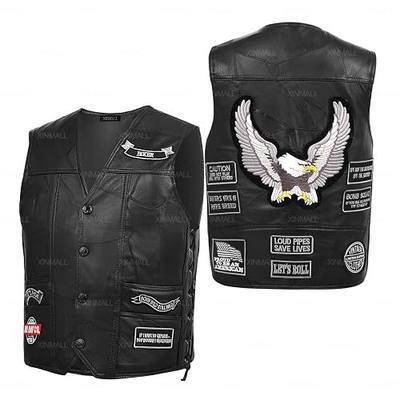 Motorcycle Genuine Leather Biker Vest for Men Club Style Classic Black With Patches
