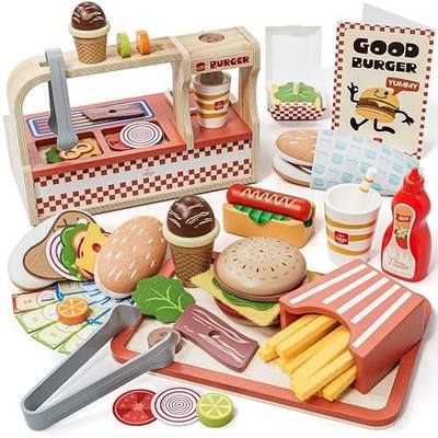 Lehoo Castle Wooden Fast Food Play Sets, Pretend Play Food Set for Kids | Restaurant Playset with Hamburger Counter, Sandwich, Ice Cream, Menu and Play Money, Kitchen Toys Fake Food for Toddlers 3-5