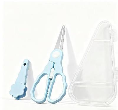Baby Food Scissors with Travel Case, Portable Stainless Steel Shears with Safety Lock, Dishwasher Safe, Kitchen Scissors, Healthy Food Cutter with Dust Cover, Blue
