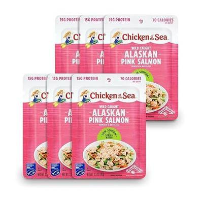 Chicken of the Sea Alaskan Pink Salmon, 25% Less Sodium, 2.5 oz, 6-Pk | Wild Caught Packets, Skinless & Boneless, MSC Certified, Gluten Free, Kosher, 13g Protein, Omega-3, Keto