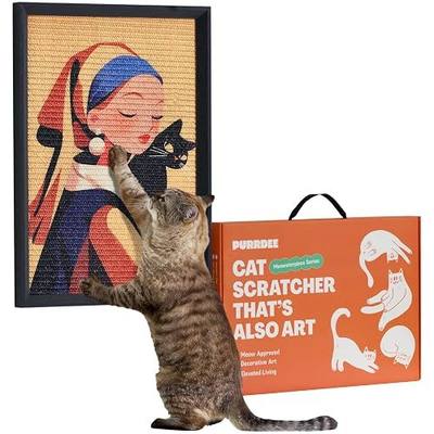 Decorative Wall Art Cat Scratcher for Vertical Scratching, 14"x20" Framed Sisal Scratch Pad Mat with Renter-Friendly No-Drill Wall Mounted Setup, Durable Alternative to Cardboard (Girl with Purr)