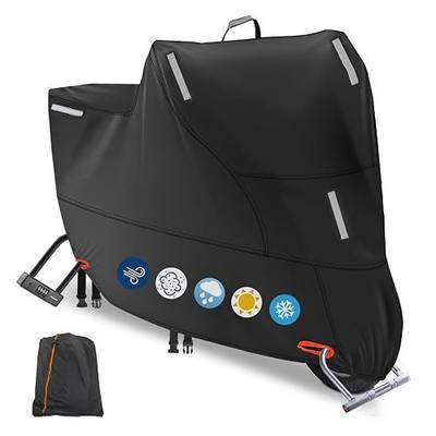 300D Oxford Motorcycle Cover (4XL: 116 x 37 x 55 inch) | Waterproof, Dustproof, Windproof, for Outdoor and Indoor, with 5 Reflective Strips and 2 Windproof Buckles