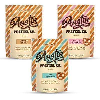 Variety Pack of 3 - Lonestar Original, Sweet Vanilla Bean & Southern Roasted Pecan Flavors, 4 oz Gourmet Bite-Sized Butter Toffee Pretzels, Sweet & Savory Snack, Perfect for Sharing Austin Pretzel