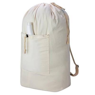 Laundry Bag Backpack, Canvas Laundry Bag with Straps & Drawstring, Beige XL | Heavy Duty Washable Dirty Cloth Hamper Bag with Large Front Pocket for College, Travel, Laundromat, Camping
