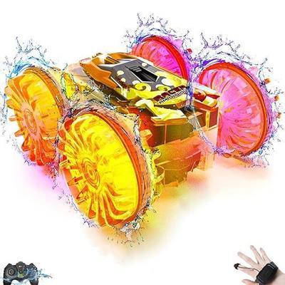 Amphibious Remote Control Car,RC Cars Toys for Kids Ages 6-12,Double-Sided Driving 360° Flips Rotating Car Toy RC Gesture Stunt Boat with LED Lights,Water Beach Pool Toys for Boys Girls (Orange)