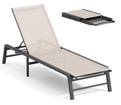 Aluminum Chaise Lounge Chair Outdoor, Foldable Patio Lounge Chair Assemble-Free, Pool Lounge Chairs with 5 Adjustable Backrest, Outdoor Lounge Chairs for Outside Poolside Beach Lawn Beige