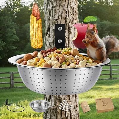 Squirrel Feeder with Metal Drainage Bowl, Squirrel Feeders for Outside, 8.5" Removable Bowl Easy to Clean/Refill, 2 Squirrel Corn Cob Spikes for Various Food, Tree/Fence Mount,Notebook(Brown)