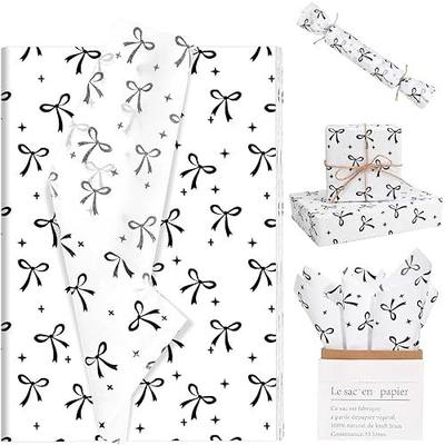 100Pcs 20 * 14 Inches Bow Tissue Paper for Gift Wrapping Black White Bow Knot Tissue Paper for Gift Bags for Coquette Birthday Party Bridal Shower DIY Craft (Black)